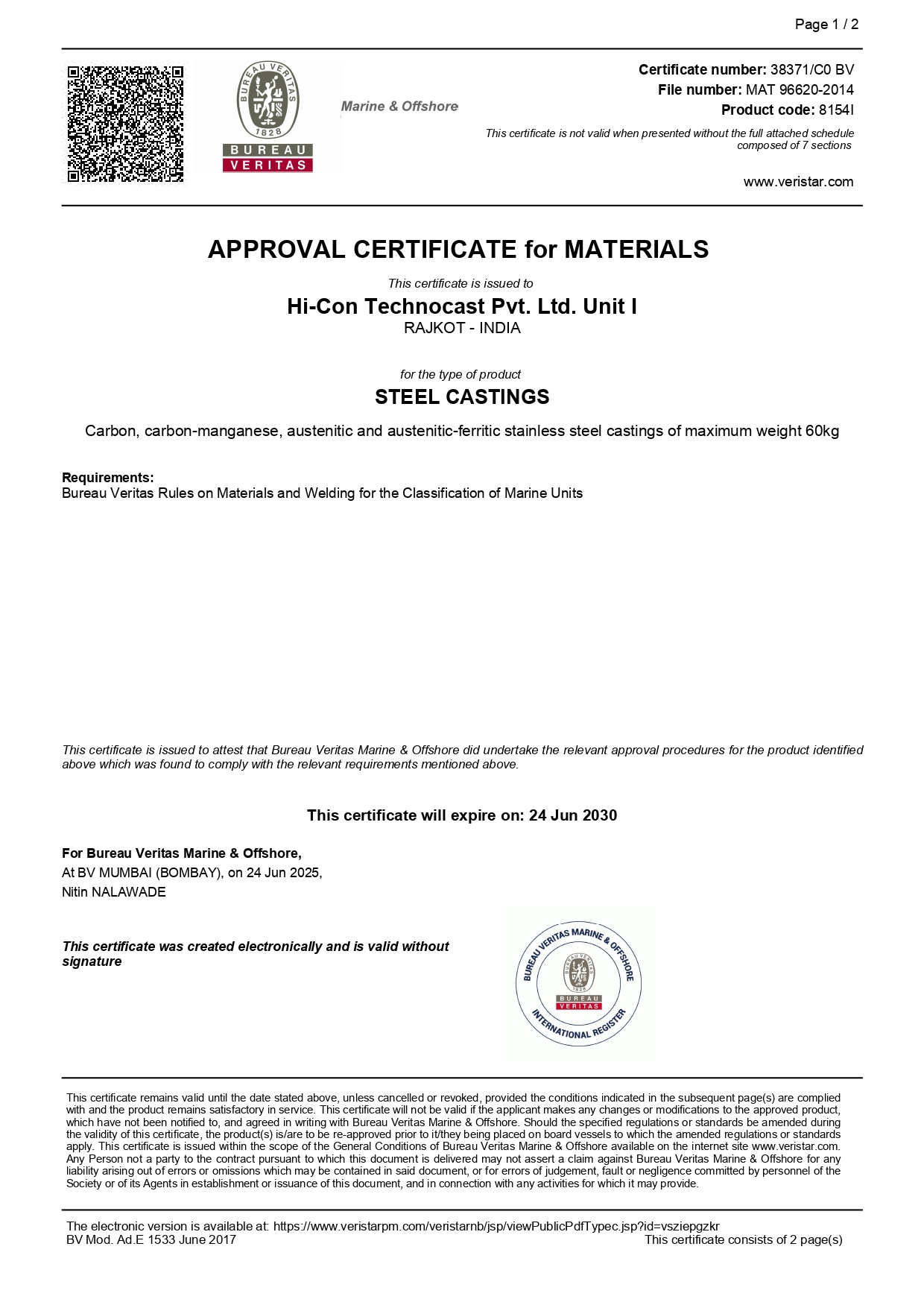 BV TYPE APPROVAL FOR STEEL CASTING
